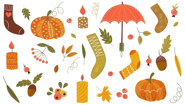 Doodle autumn items in flat style isolated vector