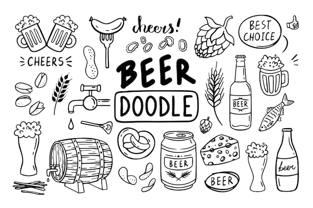 Vector doodle beer outline set hand drawn pub elements vector illustration