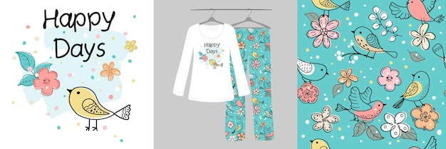 Doodle birds flowers cartoon animals Happy Days Seamless pattern Womens childrens pajamas