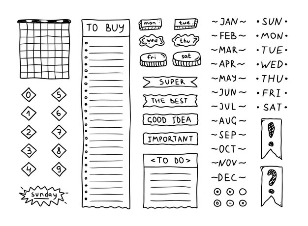 Vector doodle black bullet journal hand drawn elements numbers month names and days of the week stickers