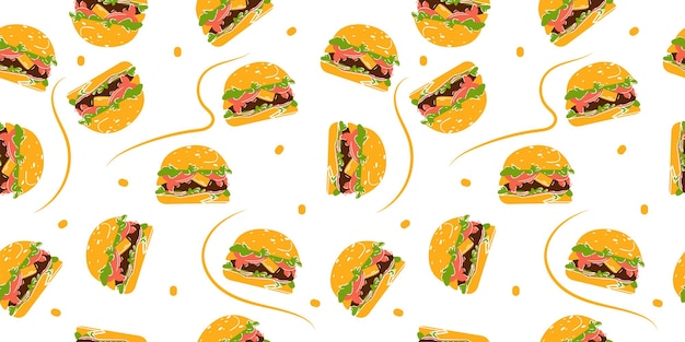 Doodle burger seamless pattern background. junk food background