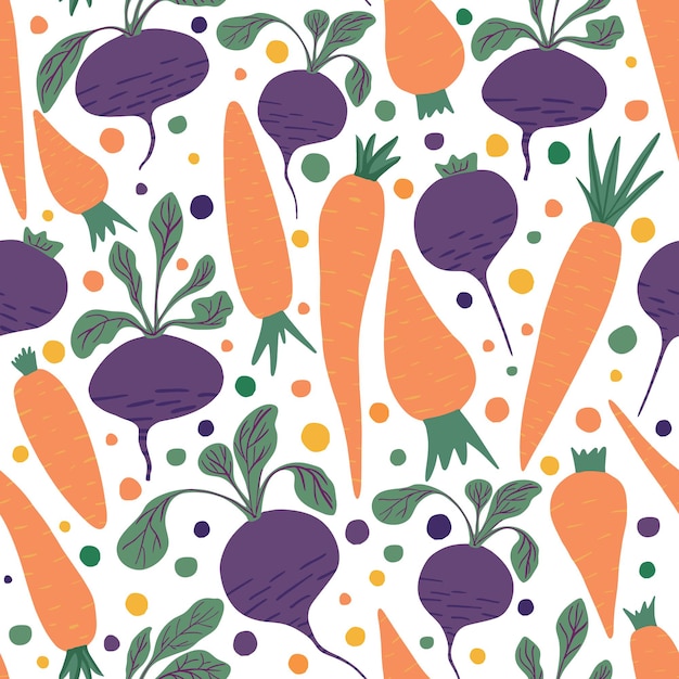 Doodle carrots and beetroot wallpaper. Hand drawn carrot and beet seamless pattern on white background. Design for fabric, textile print, wrapping paper, children textile. Vector illustration