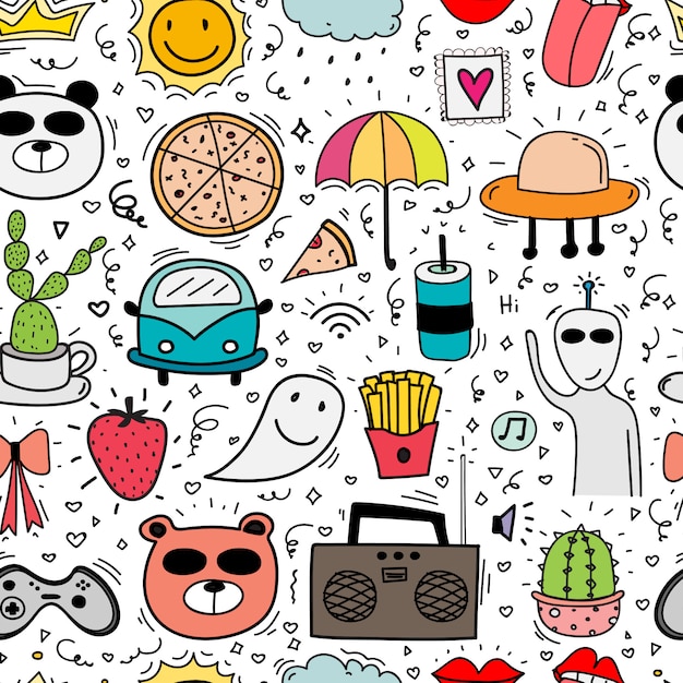 Doodle Cartoon Seamless Pattern Background For Kid.