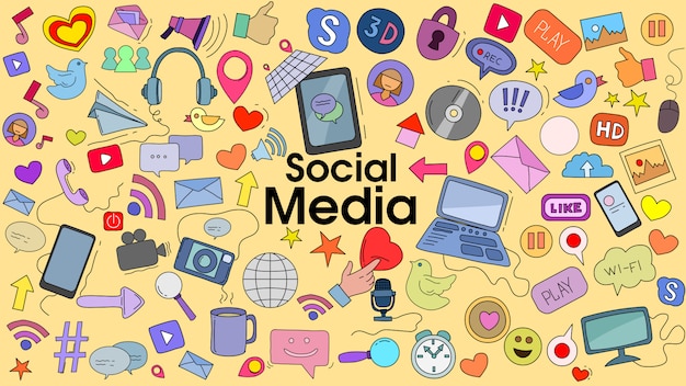 Doodle cartoon set of social Media theme