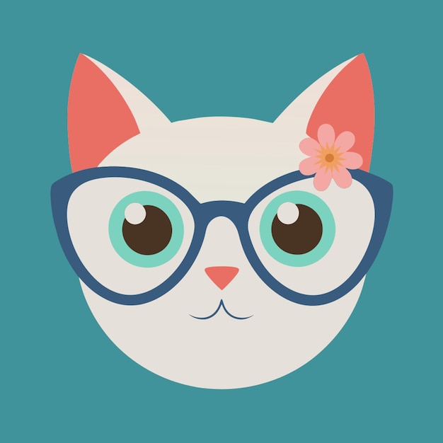 Vector doodle of cat face with oversized glasses wearing many flowers on head isolated on background