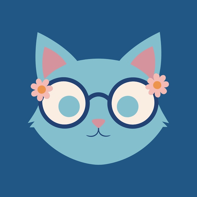 Vector doodle of cat face with oversized glasses wearing many flowers on head isolated on background