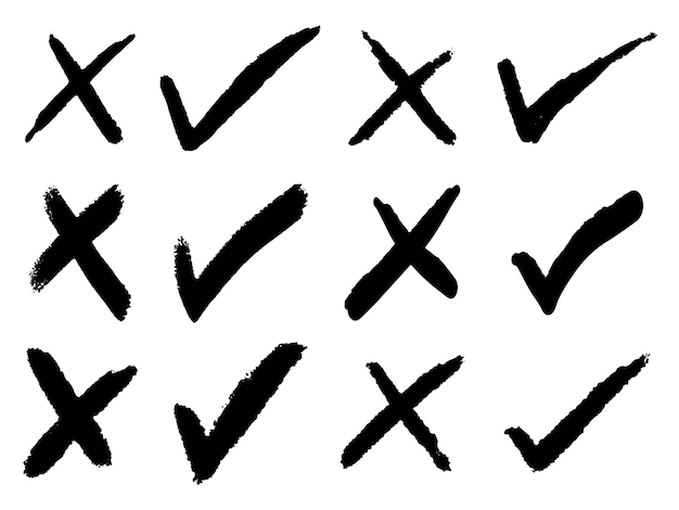 Doodle check mark and cross mark icon set Tick symbol checklist signs vector illustration