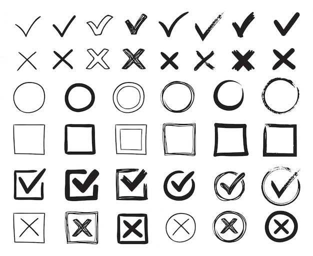 Doodle check marks. Hand drawn checkbox, examination mark and checklist marks. Check signs sketch  illustration set