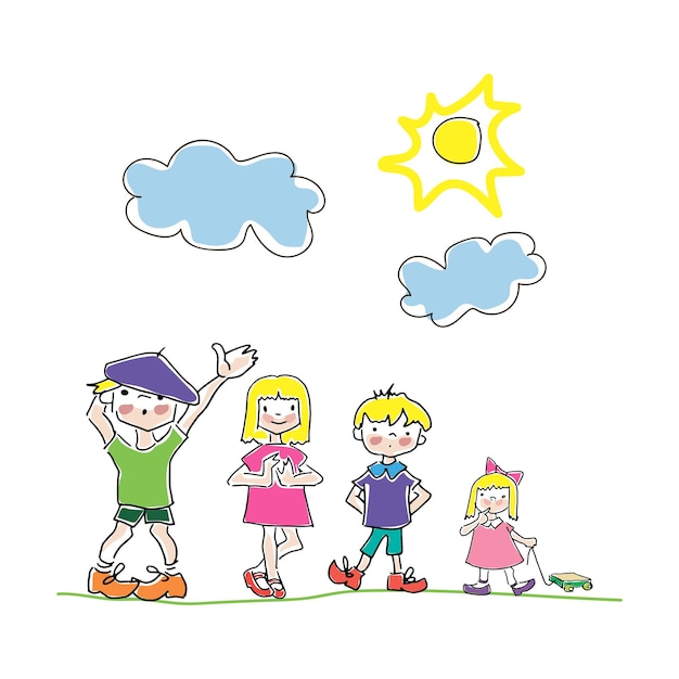 Doodle children. Hand drawn simple childrens coloring page, children s drawing a friends,clouds and sun.Bright and multicolor doodle style illustration, isolated on white background.