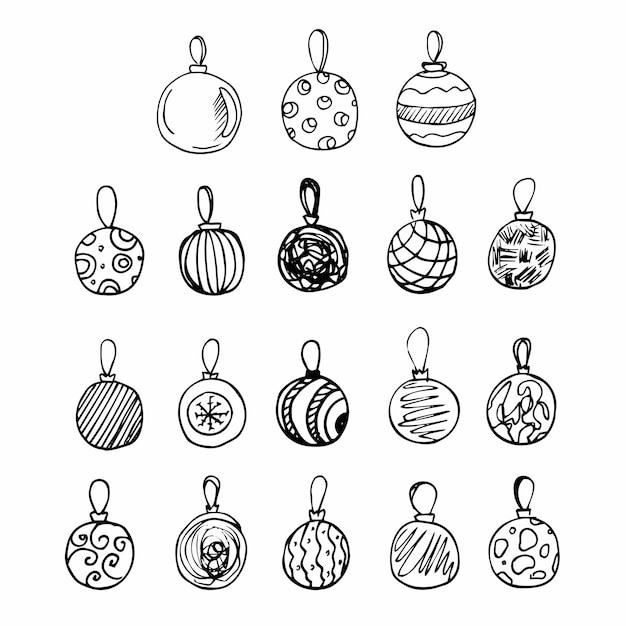 Doodle Christmas baubles vector set Simple line New Year balls