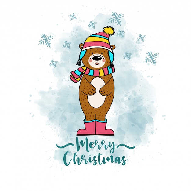 Doodle Christmas card with dressed bear