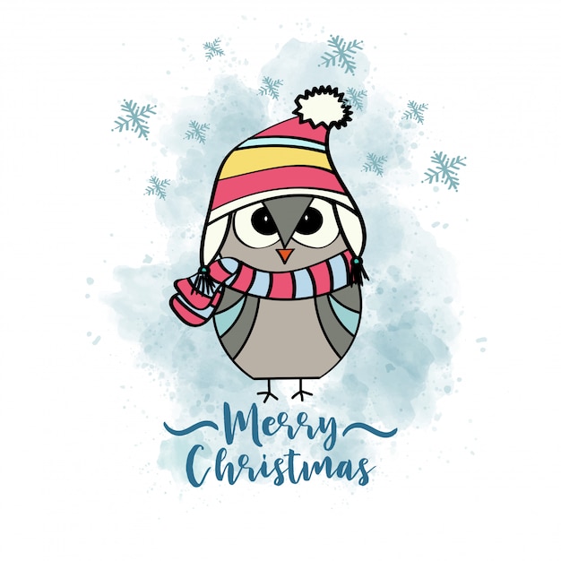 Doodle Christmas card with dressed owl