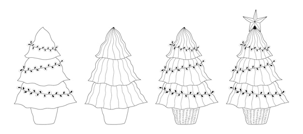 Doodle Christmas tree set Elegant Christmas trees are in a basket with a star on top