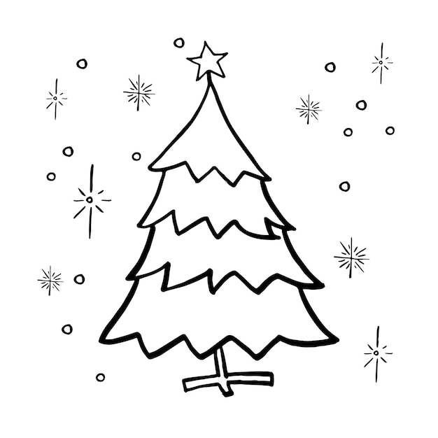 Doodle christmas tree. Simple hand drawn decorated christmas tree. Vector illustration. Isolated on white.