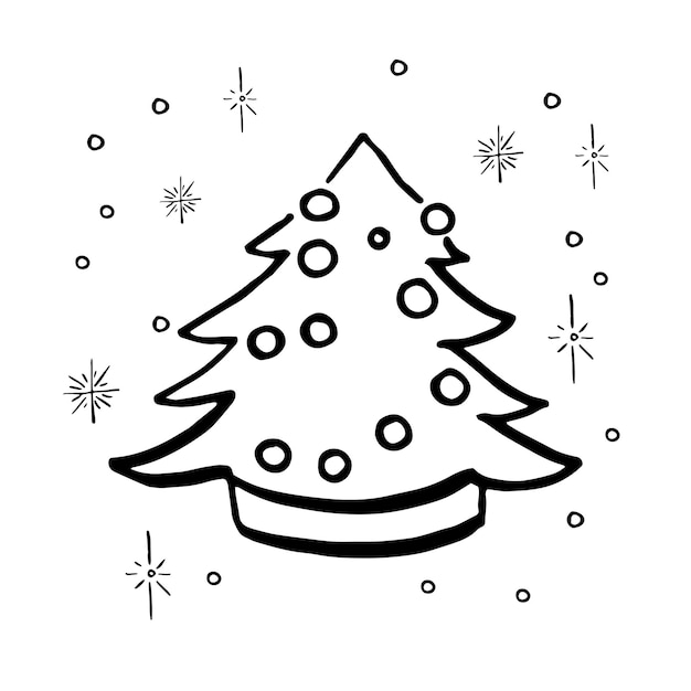 Doodle christmas tree. Simple hand drawn decorated christmas tree. Vector illustration. Isolated on white.