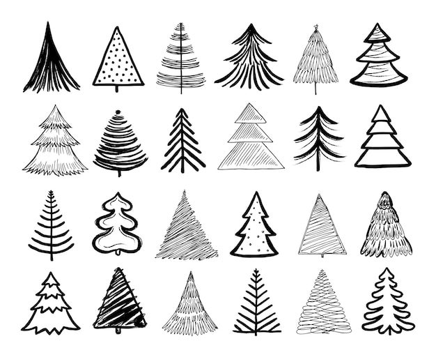 Doodle christmas tree Winter holiday hand drawn elements Retro xmas trees and happy new year sketch graphic vector isolated set Illustration tree xmas sketch artistic christmas doodle