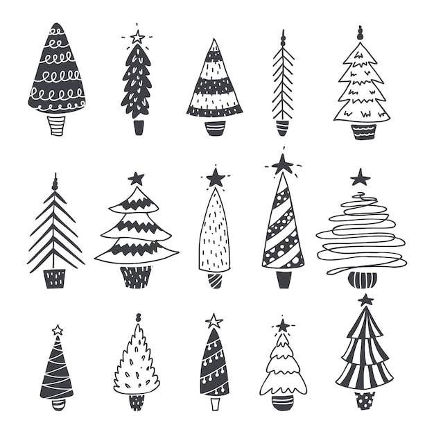 Doodle Christmas trees. Hand drawn festive collection