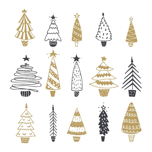 Doodle Christmas trees. Hand drawn festive tree collection