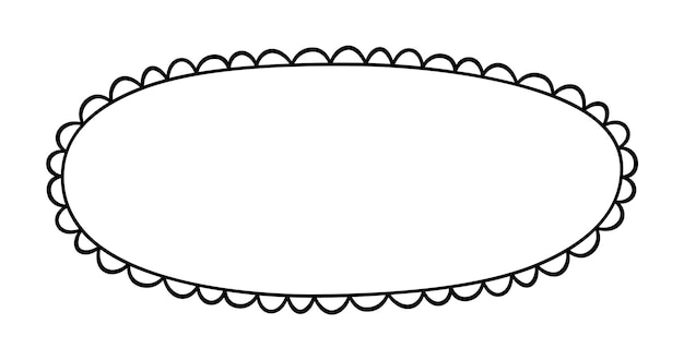 Doodle circle oval scalloped frame Hand drawn scalloped edge ellipse shape Simple round label form Flower silhouette lace frame Vector illustration isolated on white background