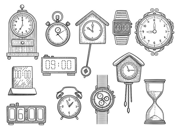 Vector doodle clocks. watches timer alarm  drawings illustrations set.