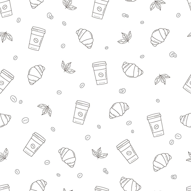 Doodle coffee seamless pattern with cups and croissants on white background