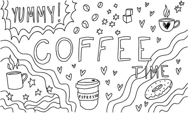 Doodle coffee time line coloring book, hearts, stars, tea, donut, text. Cafe sketch set, cute