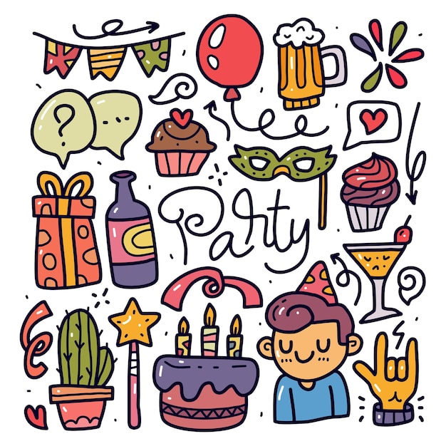 Doodle collection set of party element on isolated white background. Doodle party