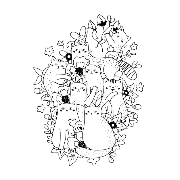 Doodle coloring page with funny cats and flowers