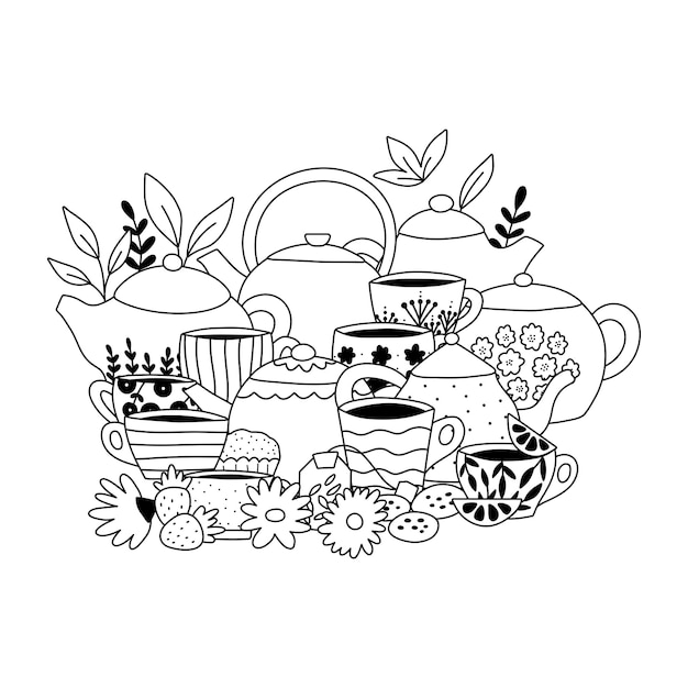 Doodle coloring page with tea pots and cups