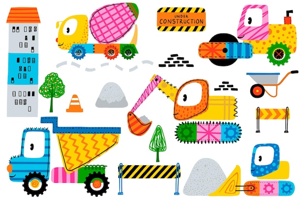 Doodle construction vehicles hand drawn vector illustration with its elements