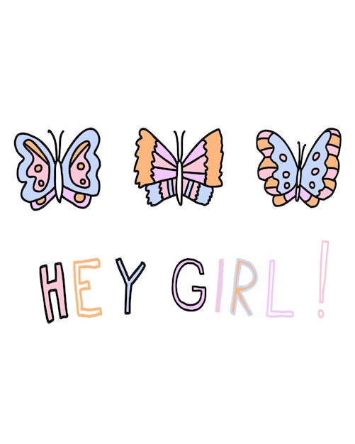 Vector doodle cute butterflies set collection isolated hey girl text line botanical hand drawn vector