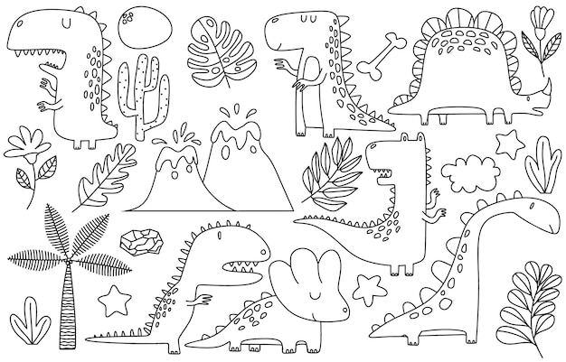 doodle of Cute dinosaurs and tropic plants.