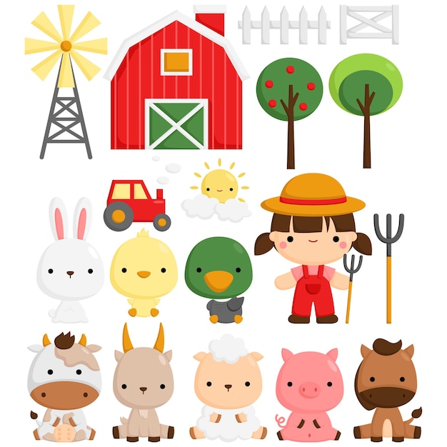 Doodle Cute Farm Animals Vector Set