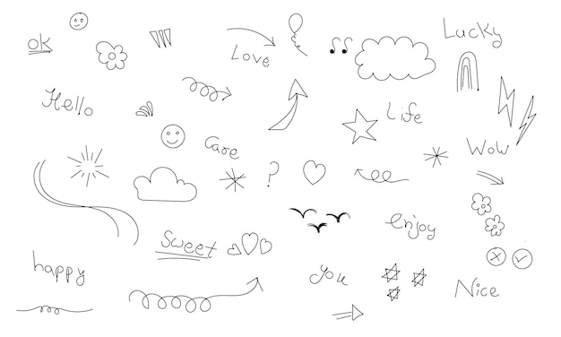 Vector doodle cute glitter pen line elements doodle heart arrow star sparkle decoration symbol set icons