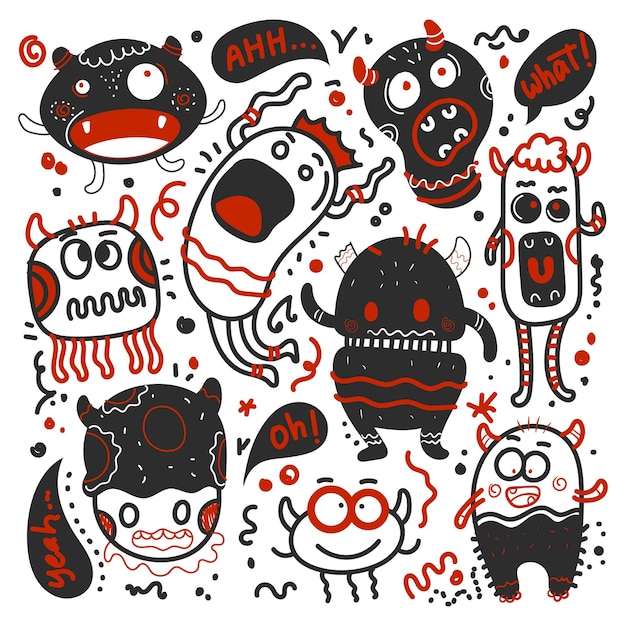 Doodle cute monster sticker icons hand drawn coloring vector illustration