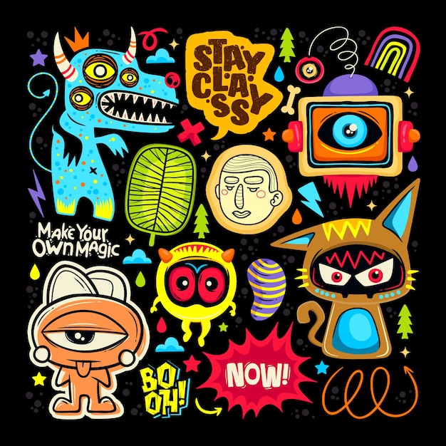 Doodle Cute Monster Sticker Icons Hand Drawn Coloring Vector