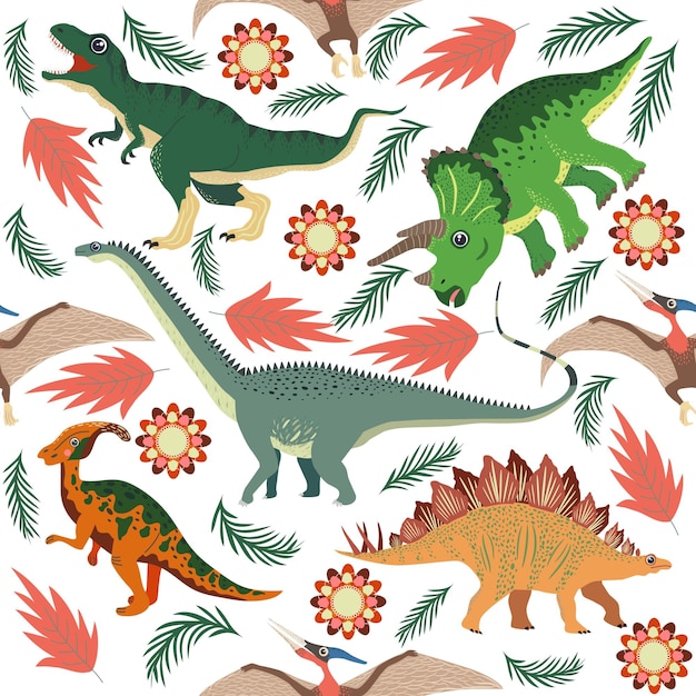 Doodle dinosaur pattern Seamless textile dragon print trendy childish fabric background cartoon dinosaurs