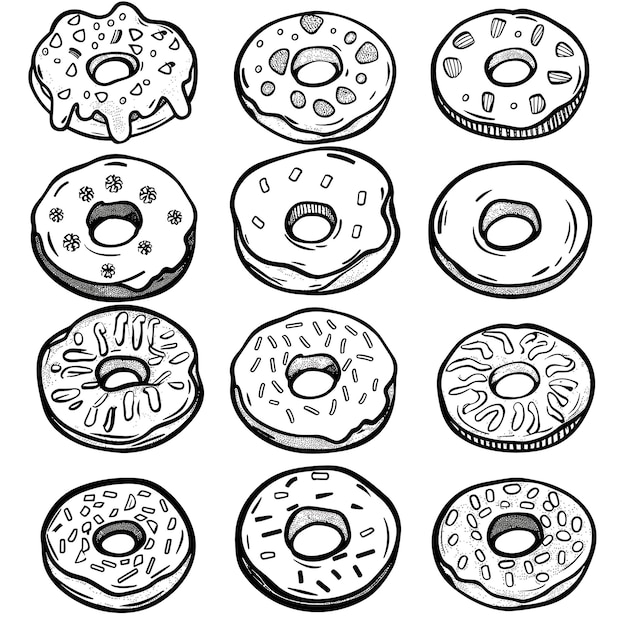 Doodle Donuts Black Line Collection Coloring Pages Vector