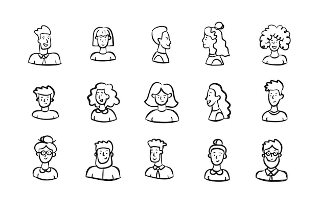 Doodle faces people men and women Outline sketch