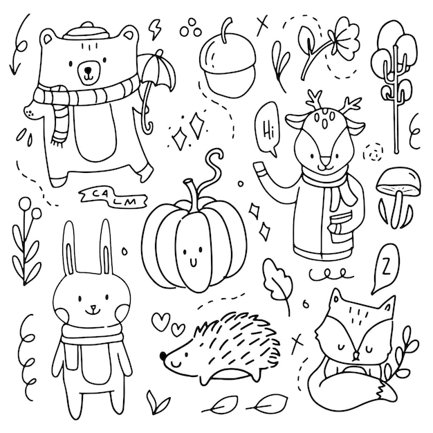 Doodle fall autumn elements hand drawing. Autumn collection cartoon line art. Modern abstract fall seasonal decoration icon symbol of animal and pumpkin