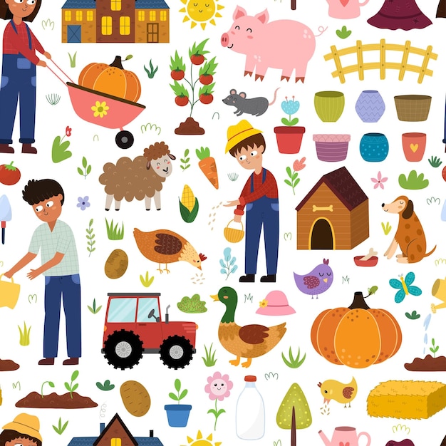 Doodle farm seamless pattern with cute characters in cartoon style