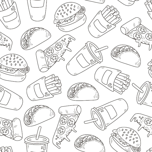 Doodle fast food seamless pattern cartoon style