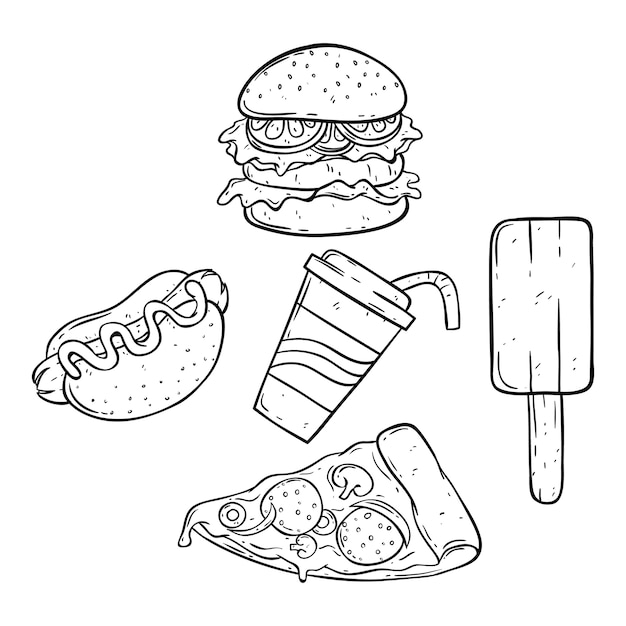 Doodle fast food on white background