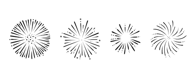 Doodle firework set Radial foreworks for parties and celebrations Vector illustration