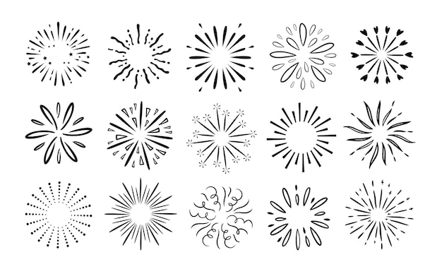 Vector doodle fireworks decorative sunburst rays hand drawn radial sparkles celebration firework bursts water splash explosion confetti and round spray vector set starburst cartoon isolated decoration