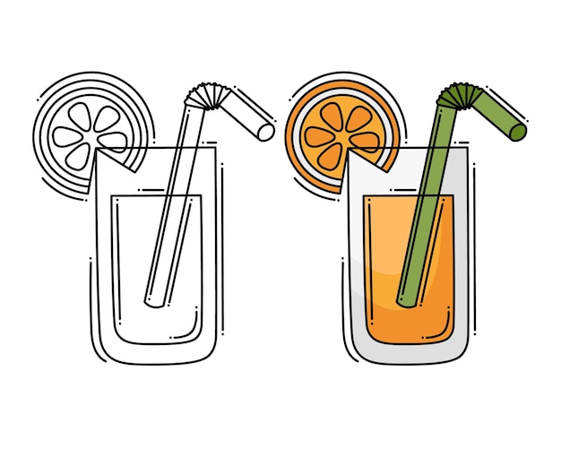 Doodle flat line clipart. Simple vector glass with a drink. All objects are repainted.