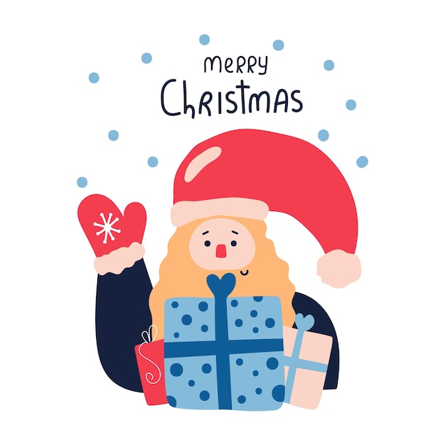 Doodle flat modern illustration Hand drawn text Merry Christmas Santa with gift boxes