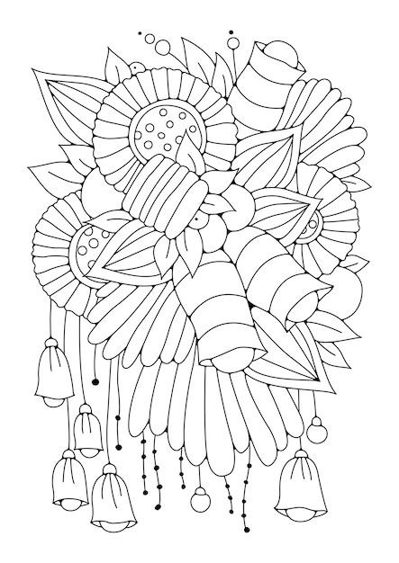 Doodle floral pattern in black and white. Coloring page for children and adults. Zentangle drawing.