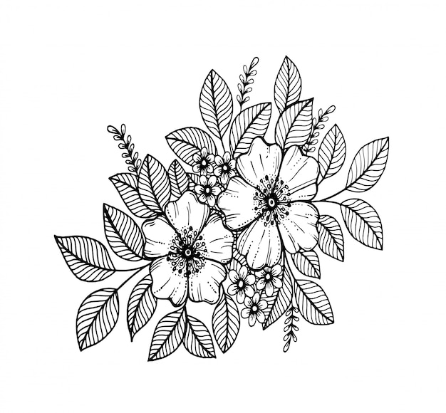 Doodle floral pattern in black and white, hand drawing