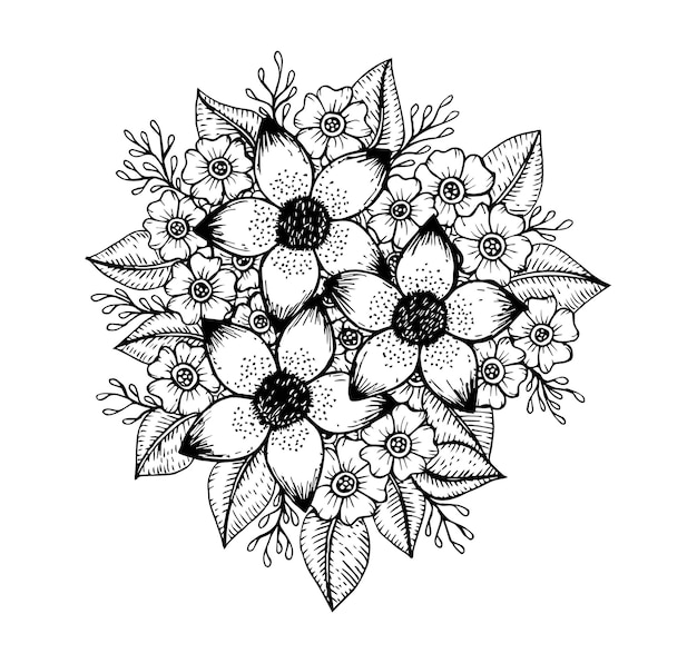 Doodle floral pattern in black and white, hand drawing